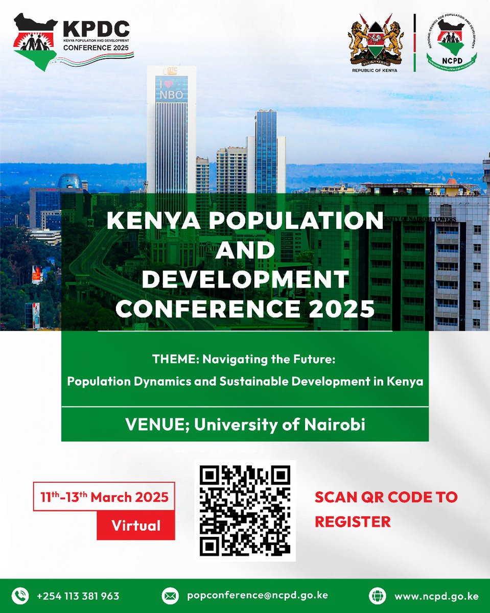 NCPD_Kenya's tweet photo. In just 10 days, we will convene for the Kenya Population and Development Conference 2025 (#KPDC), taking place from 11th-13th March at @uonbi Hosted by @NCPD_Kenya , this hybrid conference will feature a diverse lineup of dynamic panelists, moderators, policymakers, and experts from both state and non-state sectors. With discussions on nine crucial thematic areas, #KPDC2025 promises to be a key platform for advancing population and development discourse in #Kenya .
The nine thematic areas include: #Population&Development #Fertility & Sexual Reproductive Health • #PopulationHealth & Wellbeing •#Mobility, Migration & Urbanization • #Environment & Climate Change • #PopulationData, #Research & Innovation • #PopulationPolicy & Programme Implementation • #Gender & Population Dynamics • #Youth Bulge
Join us for a robust, engaging forum focused on innovation, stakeholder engagement, and the creation of lasting partnerships that will shape a #ProsperousPopulationInKenya. Don’t miss out—register today! Scan the QR code on the poster below to register for the virtual conference. For more information, visit https://t.co/7gF5suH7sG or follow @NCPD_Kenya for regular updates,
#OurPopulation #OurProsperity #OurResponsibility