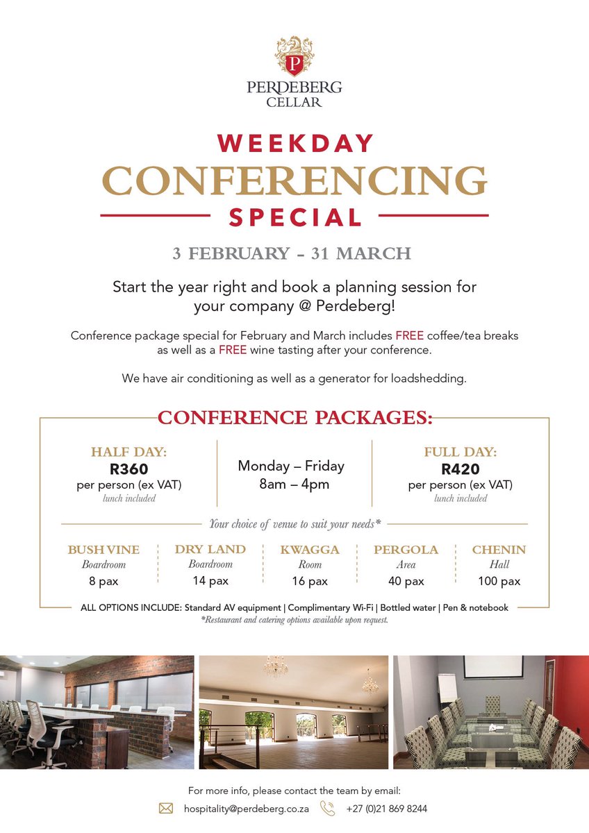 @PerdebergWines (@perdebergwines) on Twitter photo Looking for the perfect conference venue? Perdeberg has you covered with our exclusive weekday conference special!
📩 Enquiries & bookings:
Email: dine@perdeberg.co.za
Call: 021 869 8244
#PerdebergWines #PaarlWineRoute Looking for the perfect conference venue? Perdeberg has you covered with our exclusive weekday conference special!
📩 Enquiries & bookings:
Email: dine@perdeberg.co.za
Call: 021 869 8244
#PerdebergWines #PaarlWineRoute