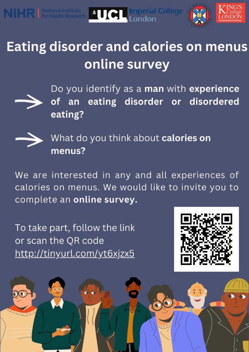 We are still recruiting for a survey of people with eating disorders experience of calories on menus

We would love to hear from more people who identify as men.

Please RT and share with your networks! 🙏 tinyurl.com/yt6xjzx5