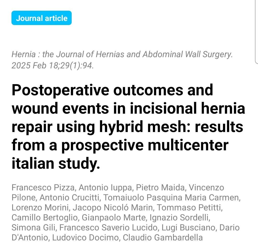 eurohernias's tweet photo. https://t.co/WcCO1FYSv3 Postoperative outcomes and wound events in #IncisionalHernia repair using hybrid #HerniaMesh: results from a prospective multicenter italian study.
#HerniaSurgery #VHR #IPOM https://t.co/Vk89APIETJ