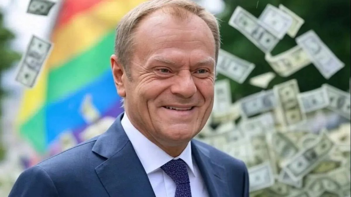 RadekPyffel's tweet photo. Zaczyna się? 
Elon Musk podaje dalej post cytujący Gazetę Polską i raport o finansowaniu organizacji zwalczających PIS przez USAID ze zdjęciem Donalda Tuska na tle dolarów i flagi LGBT... https://t.co/dR9C3vl3R7