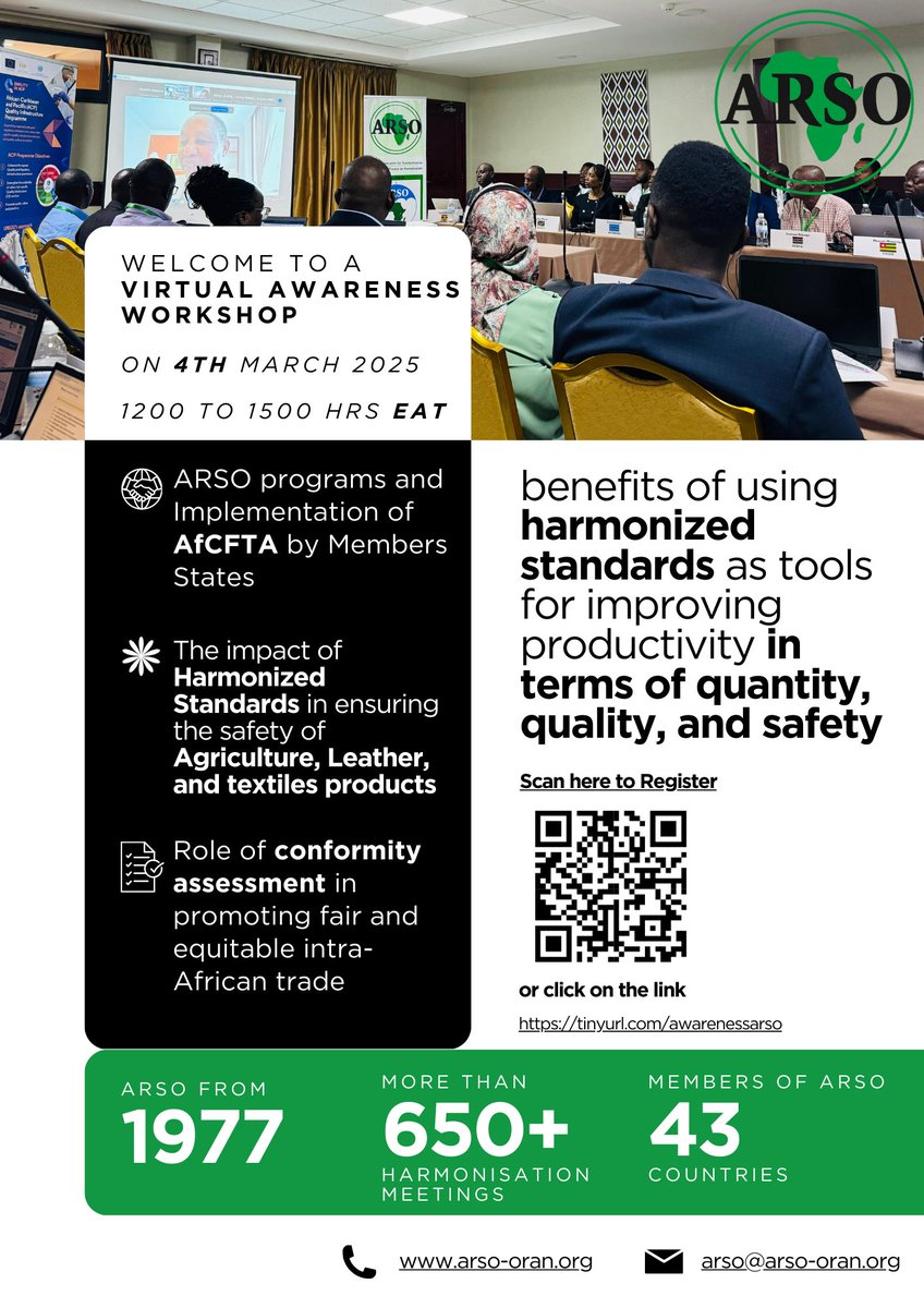 The ARSO Central Secretariat invites you to a Workshop on the benefits of using harmonized standards as tools for improving productivity in terms of quantity, quality, and safety

📅 on on 4th March 2025 from 1200 to 1500 HRS EAT

✍️ Register - tinyurl.com/awarenessarso
