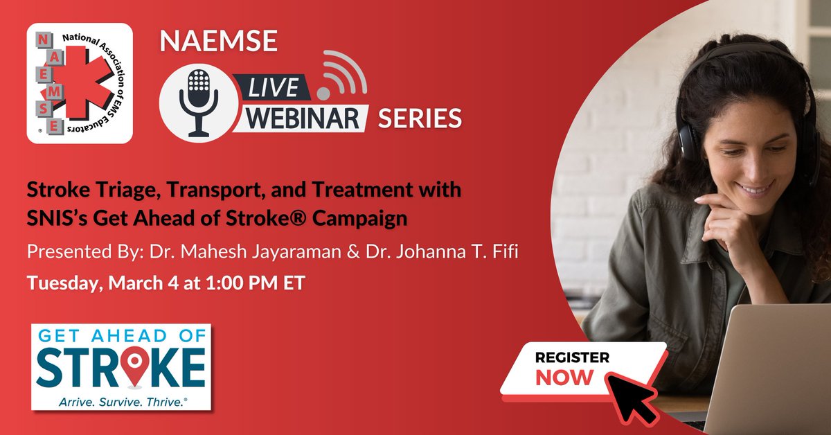 This Tuesday, join NAEMSE and #stroke surgeons from SNIS for a #webinar as they cover stroke types, treatments, field assessment tools, and transport protocols to improve patient outcomes.

📅 March 4 | 1 PM ET
💻 Free to attend – Register now! ⬇️
🔗us06web.zoom.us/webinar/regist…