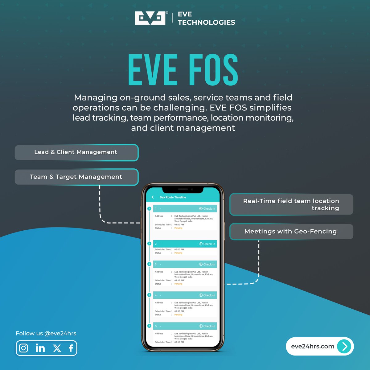 EveTechofficial's tweet image. Streamline your on-ground sales and service operations with EVE FOS! 🚀 Track leads, manage teams, and monitor locations in real time. 📍📊 #EVEFOS #FieldOps
