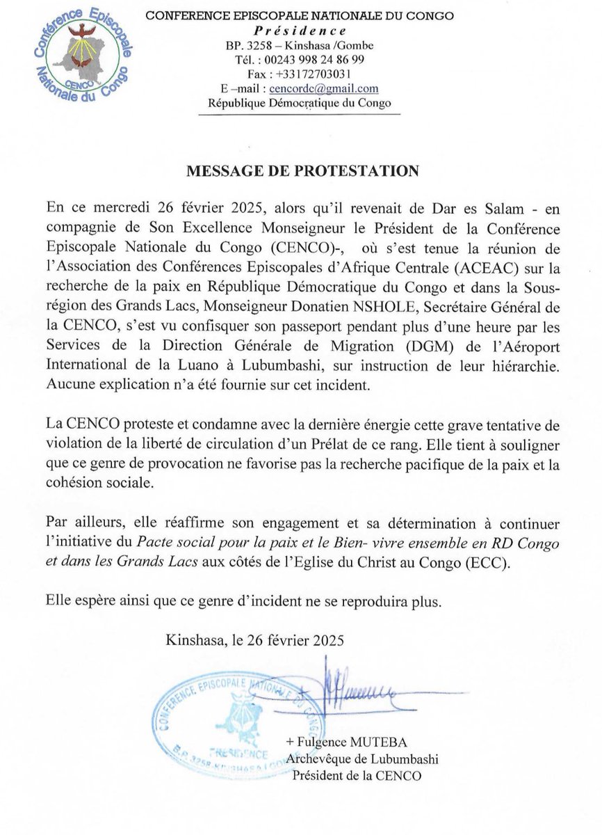 La confiscation du passeport de Mgr Nshole constitue une forme de torture morale intolérable et injustifiable. Il est impératif de respecter les droits et libertés fondamentales des Congolais, sans exception. Cette atteinte à la dignité humaine exige une réaction immédiate.
