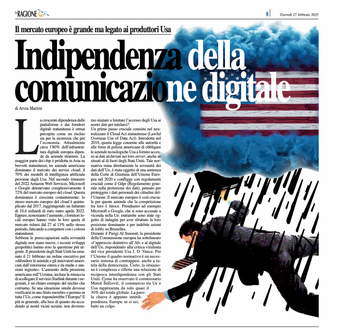 💻 Su <a href="/LaRagione_eu/">La Ragione</a> parlo di sovranità digitale 
<a href="/DigitalEU/">Digital EU 🇪🇺</a>  e autonomia technologica 🇪🇺🔗  

La pressione #Starlink in Ucraina mostra i rischi di dipendenza. E se accadesse a noi? 

Ora di neutralizzare il CLOUD Act e proteggerci.

📢 Stay tuned #DigitalSovereignty #Tech #EU