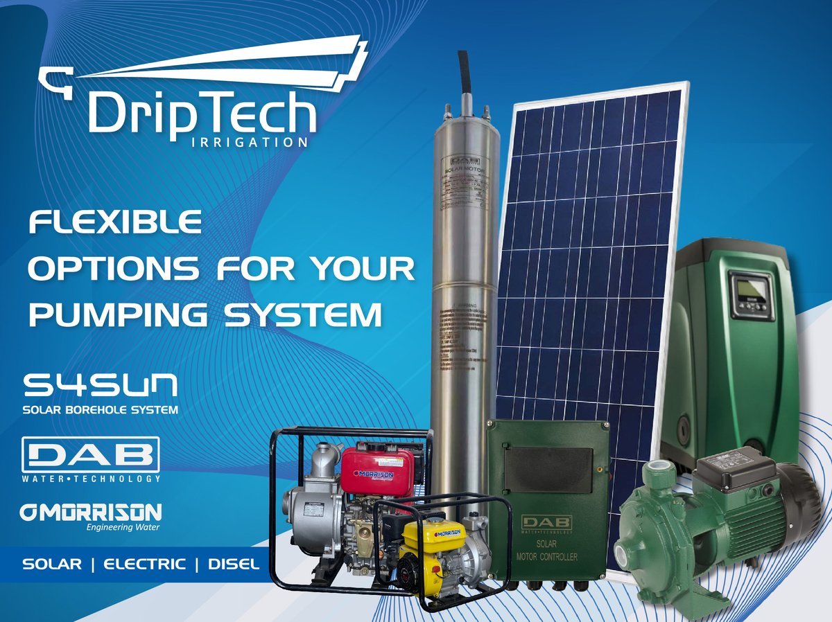 DriptechI's tweet image. Flexible Power Options for Your Pumping System
DripTech offers solar-powered, electric, petrol and diesel pumping systems to suit your energy needs and budget.

Whatever your setup, we have the right power solution for you.

Reach out today at 0867 700 7000 to learn more!