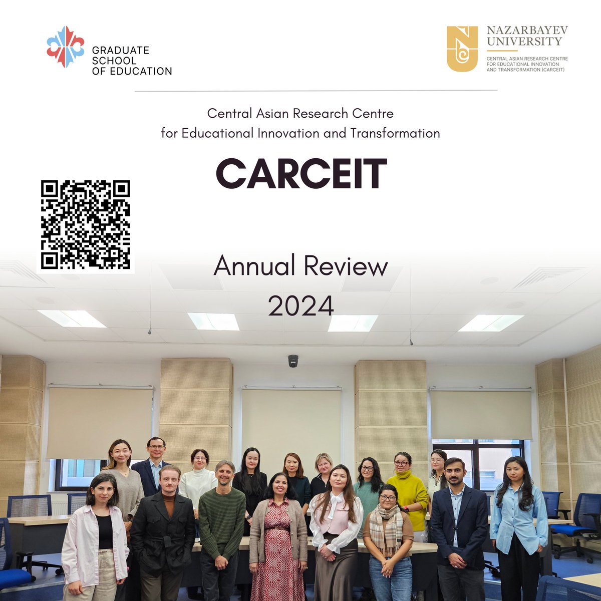 🚀CARCEIT 2024 Annual Review is here!
📌Workshops on research dissemination
 📌New publications in top journals 📚
 📌Presentations at ECER, ESTEC, BAICE &amp; more
 📌24 research seminars &amp; policy dialogues
Scan the QR code to read more!
#CARCEIT #Education #Research #NUGSE #Nuedukz
