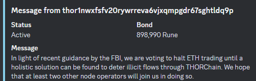 NOs start discussion. If <a href="/Lazarus/">Lazarus</a> or <a href="/FBI/">FBI</a> want to influence on <a href="/THORChain/">THORChain</a> - they should buy $RUNE and start their own nodes(it require 2\3 for monopoly decisions).