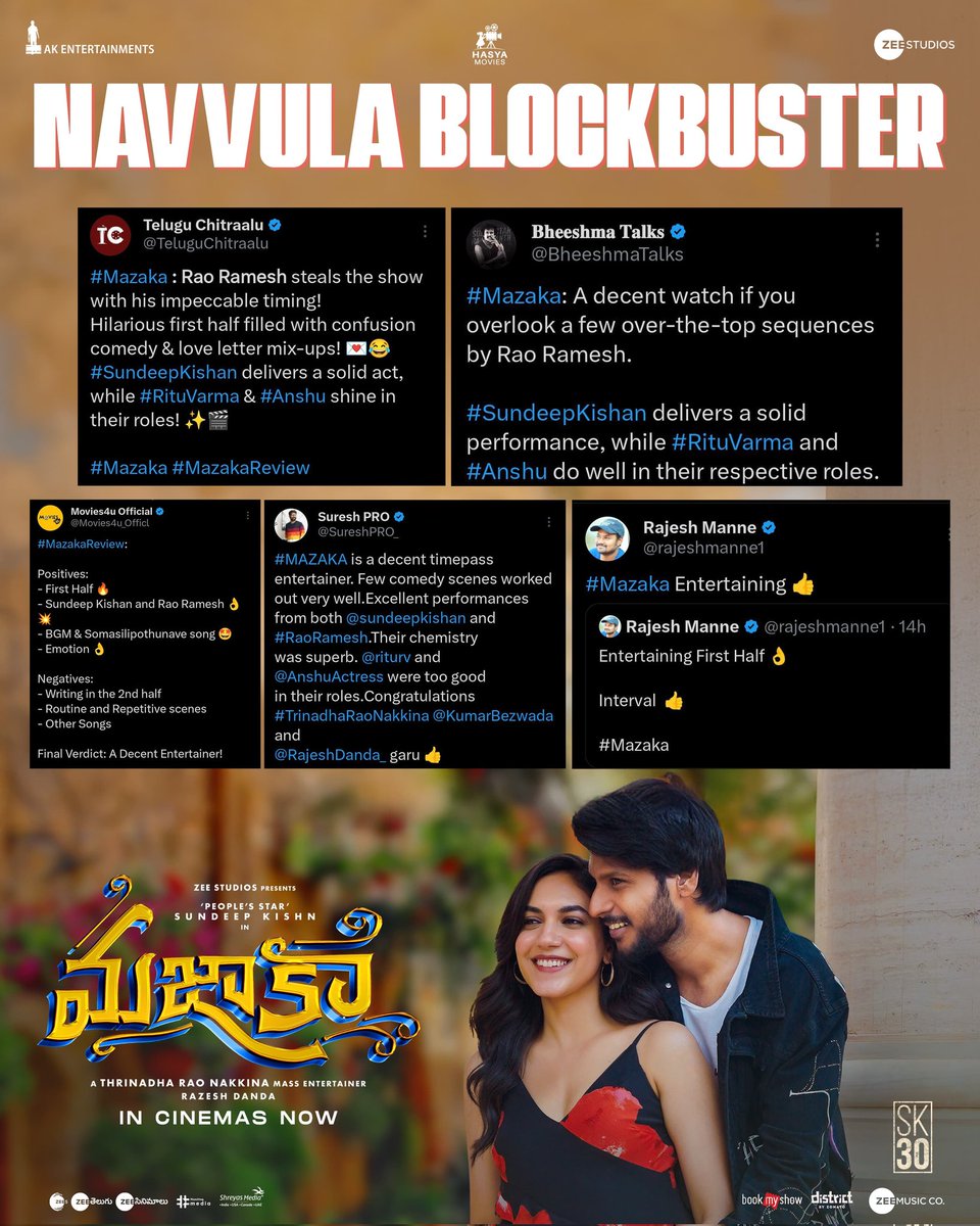 Telugu Film PROs Association (@yourtfpa) on Twitter photo "Hilarious, entertaining, emotional and joyous ride...."
Raving responses from the critics for the Navvula Blockbuster #MAZAKA 🤩🔥
Watch it in your nearest theaters today! 🎟️
— linktr.ee/MazakaTickets
<a href="/sundeepkishan/">Sundeep Kishan</a> <a href="/riturv/">Ritu Varma</a> #RaoRamesh <a href="/AnshuActress/">anshu saggar</a> <a href="/TrinadharaoNak1/">Trinadharao Nakkina</a> "Hilarious, entertaining, emotional and joyous ride...."
Raving responses from the critics for the Navvula Blockbuster #MAZAKA 🤩🔥
Watch it in your nearest theaters today! 🎟️
— linktr.ee/MazakaTickets
<a href="/sundeepkishan/">Sundeep Kishan</a> <a href="/riturv/">Ritu Varma</a> #RaoRamesh <a href="/AnshuActress/">anshu saggar</a> <a href="/TrinadharaoNak1/">Trinadharao Nakkina</a>
