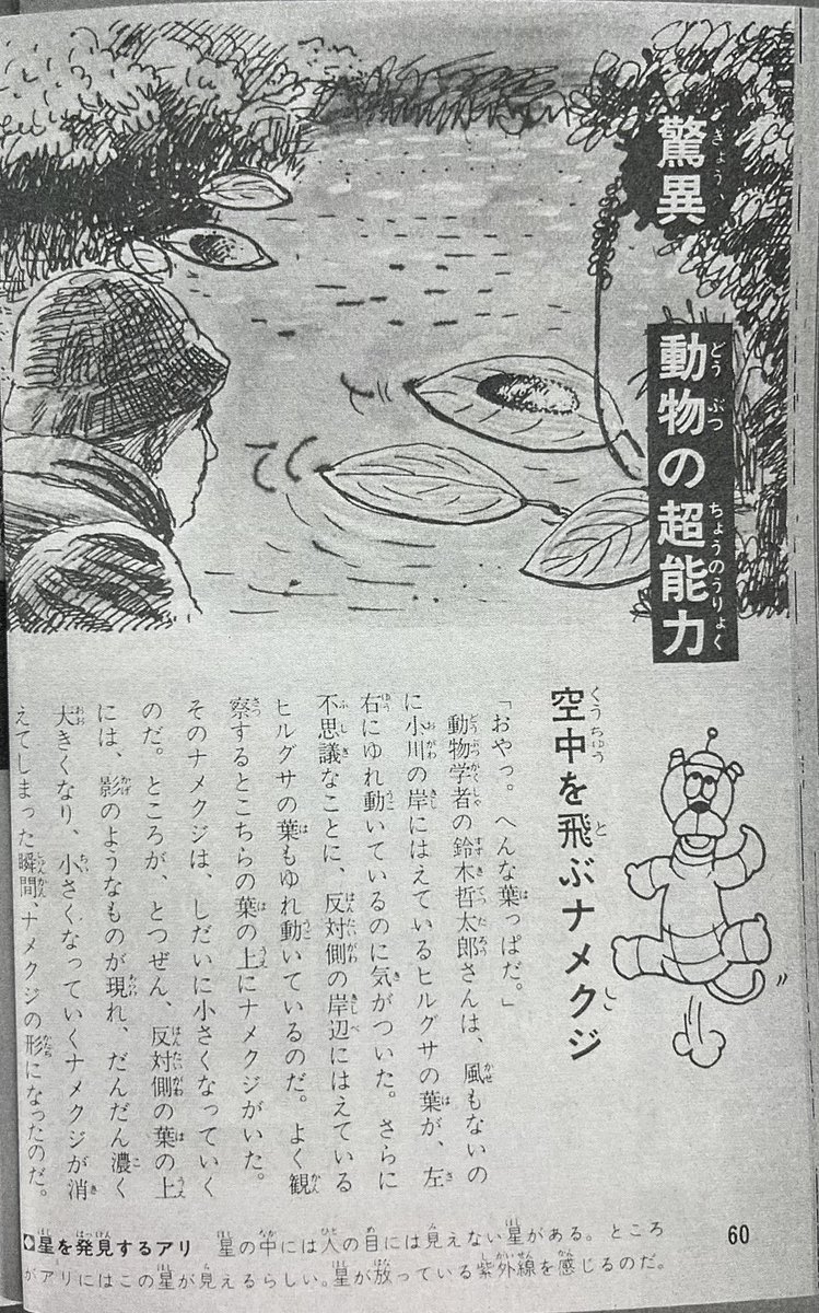 #ナメクジテレポート
たぶんネット上で言及している人はいないと思うのですが、フレーベル館のナンバーワン・ブックス「超能力ひみつくんれんNo.1」(昭和49)に、鈴木哲太郎のナメクジ話が載っていました。