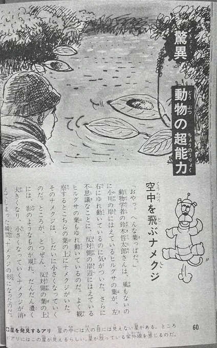 #ナメクジテレポート
たぶんネット上で言及している人はいないと思うのですが、フレーベル館のナンバーワン・ブックス「超能力ひみつくんれんNo.1」(昭和49)に、鈴木哲太郎のナメクジ話が載っていました。 