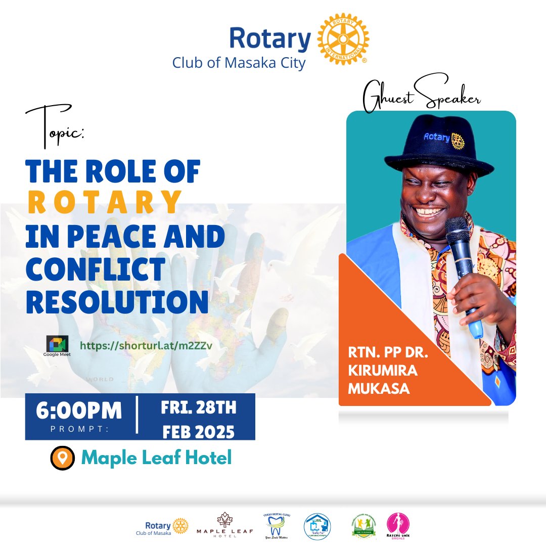 Hello Partners in Service,
We humbly invite you to our fellowship on Fri, 28th/2/ 2025, as we host Rtn. PP Dr. Kirumira Mukasa, who will share insights on the Role of Rotary in peace &amp; conflict resolution
We look forward to your presence &amp; engagement in this important discussion.
