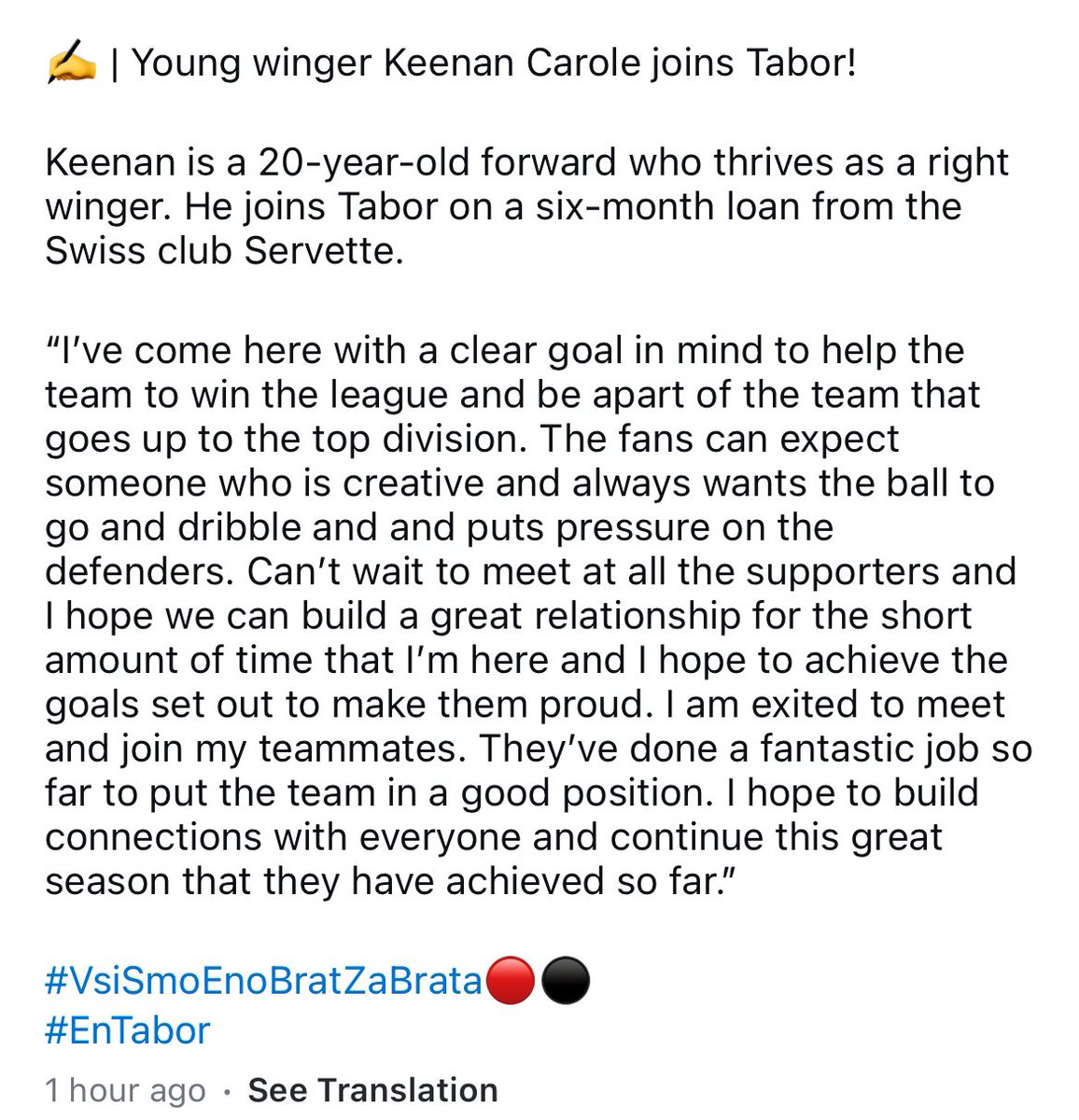 Quick update about Keeno who was loaned to <a href="/nktaborsezana/">NK Tabor Sežana</a> from Servette Geneve FC and is grateful for the opportunity to gain 1st team experience☺️ #KeenanCarole #DrugaLiga