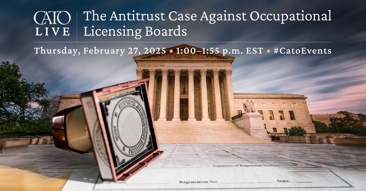 Cato Institute (@catoinstitute) on Twitter photo LIVE TODAY AT 1PM ET: “The Antitrust Case Against Occupational Licensing Boards” with <a href="/sslivinski/">Stephen Slivinski</a>, <a href="/nolatarian/">Caleb Trotter</a>, <a href="/DeHavenTad/">Tad DeHaven</a> & Joshua Polk.
WATCH: cato.org/events/antitru… LIVE TODAY AT 1PM ET: “The Antitrust Case Against Occupational Licensing Boards” with <a href="/sslivinski/">Stephen Slivinski</a>, <a href="/nolatarian/">Caleb Trotter</a>, <a href="/DeHavenTad/">Tad DeHaven</a> & Joshua Polk.
WATCH: cato.org/events/antitru…