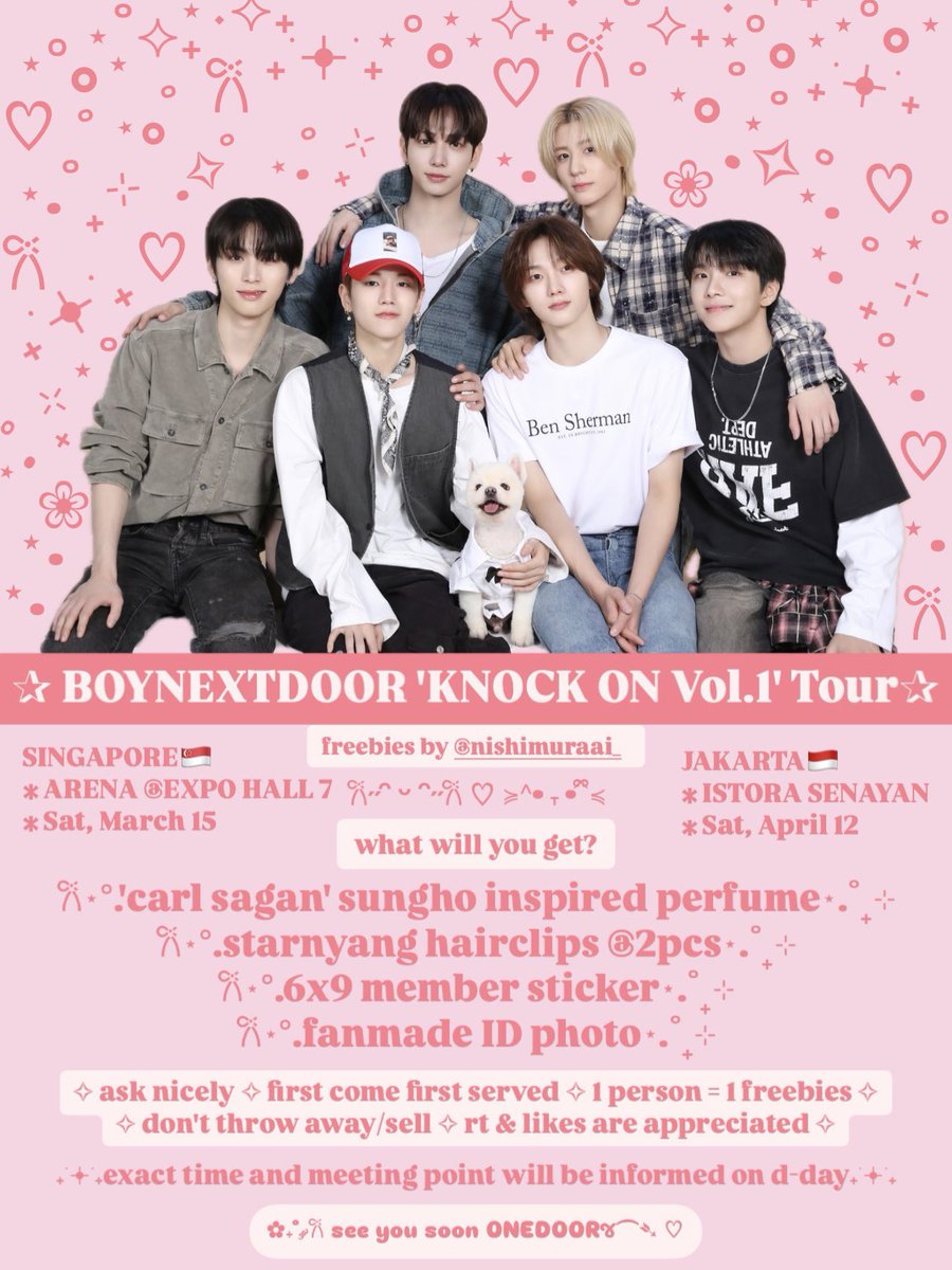 ✰BOYNEXTDOOR 'KNOCK ON Vol.1' in Singapore🇸🇬 &amp; Jakarta🇮🇩✰
𐙚˙⋆.˚freebies by <a href="/nishimuraai_/">𝖆𝖎♡ || 𝐑’𝐬✿</a>⋆.♡

ꕤ details on pict ꕤ❕limited quantity❕

𐙚⋆DM for freebies trade⋆𐙚

(ㅅ´ ˘ `)see you soon ONEDOOR♡

#KNOCK_ON_Vol_1 
#KNOCK_ON_Vol_1_In_Singapore 
#KNOCK_ON_Vol_1_In_Jakarta