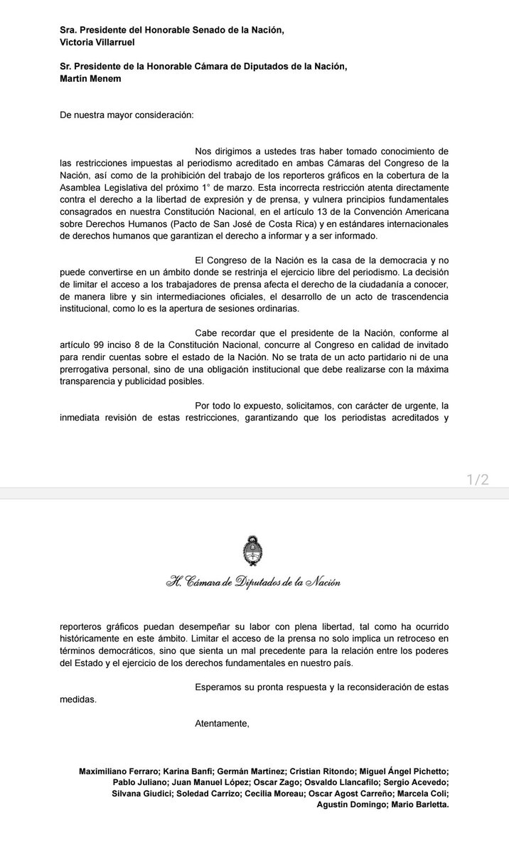 maxi ferraro 🎗️ (@maxiferraro) on Twitter photo ¿UNA SESIÓN CON APAGÓN FOTOGRÁFICO Y PERIODISTICO?
🎙️ 📺 📝 📸
🚨 EL PARLAMENTO NO PUEDE NI DEBE SOMETERSE ANTE OTRO PODER DEL ESTADO
Esperamos que <a href="/VickyVillarruel/">Victoria Villarruel</a>, <a href="/MenemMartin/">Martin Menem</a> y la Secretaría General de la Presidencia revean las restricciones a los periodistas y reporteros ¿UNA SESIÓN CON APAGÓN FOTOGRÁFICO Y PERIODISTICO?
🎙️ 📺 📝 📸
🚨 EL PARLAMENTO NO PUEDE NI DEBE SOMETERSE ANTE OTRO PODER DEL ESTADO
Esperamos que <a href="/VickyVillarruel/">Victoria Villarruel</a>, <a href="/MenemMartin/">Martin Menem</a> y la Secretaría General de la Presidencia revean las restricciones a los periodistas y reporteros
