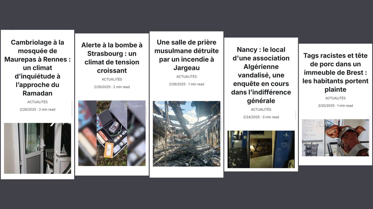🇨🇵 FLASH - Une série d’actes graves visant des mosquées, des associations et des résidences habitées par des Maghrébins a récemment eu lieu.

De nombreux internautes s’interrogent sur le silence assourdissant de l’État face à ces affaires. Ni <a href="/BrunoRetailleau/">Bruno Retailleau</a>, ministre de