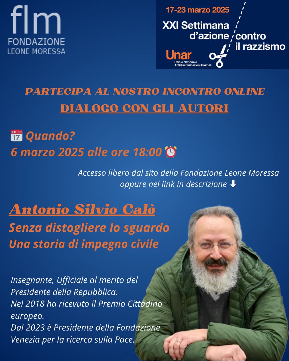 INCONTRO ONLINE CON AUTORI  

il 6 marzo 2025📅
alle 18:00⏰

Per seguire l'evento on line ->> fondazioneleonemoressa.org/2025/02/25/dia…

#SettimanaControIlRazzismo #UNAR #Inclusione #Uguaglianza #FondazioneLeoneMoressa #NoAlRazzismo #UnMondoSenzaPregiudizi #EventoOnline #UnitiControIlRazzismo