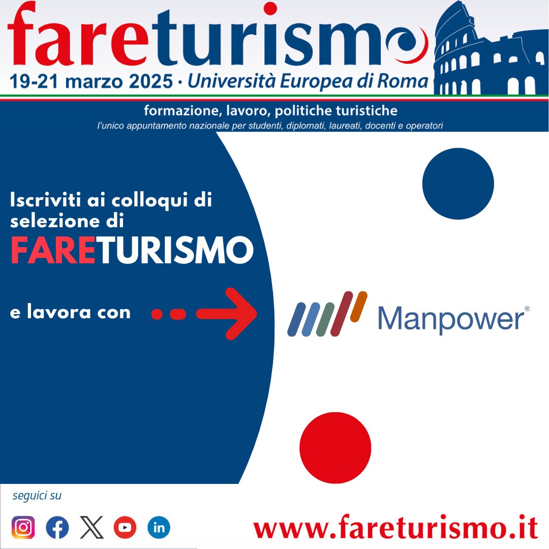 𝗠𝗮𝗻𝗽𝗼𝘄𝗲𝗿 𝗽𝗿𝗲𝘀𝗲𝗻𝘁𝗲 𝗮𝗶 𝗰𝗼𝗹𝗹𝗼𝗾𝘂𝗶 𝗱𝗶 𝘀𝗲𝗹𝗲𝘇𝗶𝗼𝗻𝗲 𝗱𝗶 𝗙𝗮𝗿𝗲𝗧𝘂𝗿𝗶𝘀𝗺𝗼 𝟮𝟬𝟮𝟱

👉fareturismo.it/manpower-2025/

⚠️LE PRENOTAZIONI AI COLLOQUI SONO APERTE!⚠️

➡ fareturismo.it