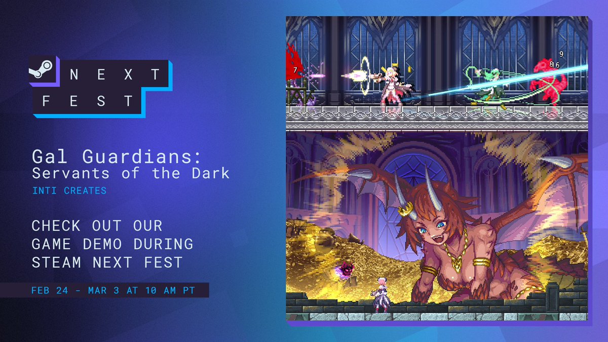 Join us at INTI HQ as we stream the Gal Guardians: Servants of the Dark demo live for Steam Next Fest! 

Today at 6 PM Pacific, 9 Eastern:
youtube.com/live/JVJxXtGBD…

Try the demo for yourself on Steam! store.steampowered.com/app/3253630/Ga…