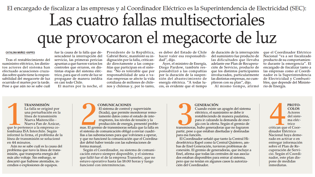 louisdegrange's tweet photo. Buen resumen hoy en Cuerpo B de El Mercurio explicando las fallas que causaron el apagón del día martes y por qué duró tanto. https://t.co/dtsBzp1r2c