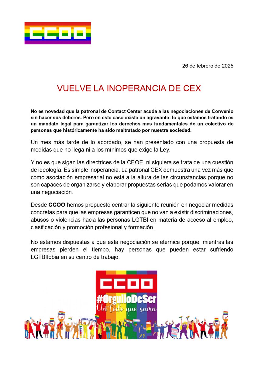 CCOOExtelMLG's tweet photo. 📢 ¡VUELVE LA INOPERANCIA DE CEX! 🚨

La patronal de Contact Center sigue sin hacer sus deberes en la negociación del Convenio. Pero esta vez es peor: hablamos de derechos fundamentales de un colectivo históricamente maltratado. 🏳️‍🌈 

Desde CCOO exigimos medidas reales!! https://t.co/hBnGpbgsT3