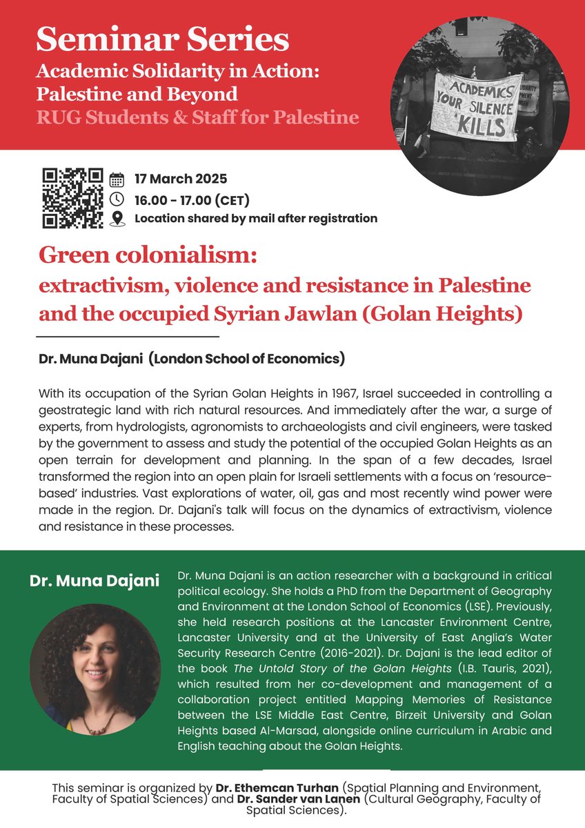 Ethemcan (@muhalefetserhi) on Twitter photo 🍉 Seminar Series🍉
Academic Solidarity in Action: Palestine & Beyond
Green Colonialism: Extractivism, violence and resistance in Palestine & the occupied Syrian Jawlan
Speaker: Dr. Muna Dajani (<a href="/LSEGeography/">LSE Geography & Environment</a>)
17 March 2025, 16:00-17:00 CET
<a href="/FRW_RUG/">Spatial Sciences UG</a> 🍉 Seminar Series🍉
Academic Solidarity in Action: Palestine & Beyond
Green Colonialism: Extractivism, violence and resistance in Palestine & the occupied Syrian Jawlan
Speaker: Dr. Muna Dajani (<a href="/LSEGeography/">LSE Geography & Environment</a>)
17 March 2025, 16:00-17:00 CET
<a href="/FRW_RUG/">Spatial Sciences UG</a>