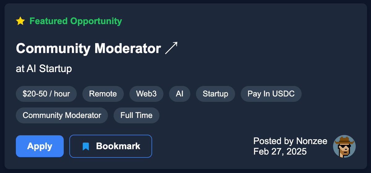 The market is sliding down, but opportunities don’t stop.

Hiring: Community Moderator!

An innovative web3 AI startup, backed by over $12M in funding, is expanding, and I’m looking for a Community Moderator to join our growing team!

What we’re offering:
• Full-time position: