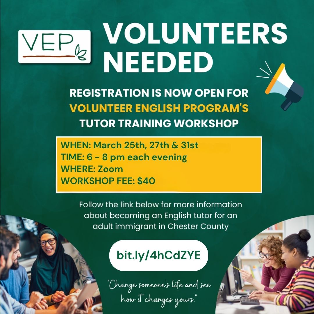 UWChesterCounty's tweet image. Join the Volunteer English Program&apos;s Tutor Training Workshop.

📅 March 25, 27 &amp;amp; 31 | 🕕 6–8 PM | 💻 Zoom
💲 Workshop Fee: $40

🔗 Learn more &amp;amp; register: bit.ly/4hCdZYE

#Volunteer #ChesterCounty #TutorTraining