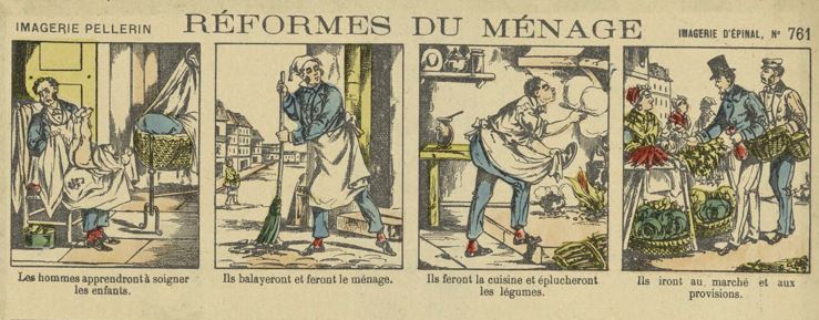 [Collections] En cette journée des #droitsdesfemmes, le <a href="/MuseeEducation/">MUNAÉ</a> partage des images extraites d’une planche de la Maison Pellerin d’Epinal fin 19e s montrant des situations impensables à l’époque où les rôles sociaux des hommes et des femmes sont inversés.