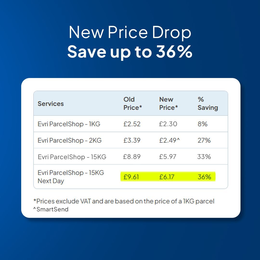Do you want cheaper shipping? Save up to 36% on Evri Services with Parcel2Go📦

How? 🤔
No promo code needed, we will apply the savings right to your basket! 🛒

When? ⏰
Right now, get a quote on your parcels up to 15kg and save up to 36%
