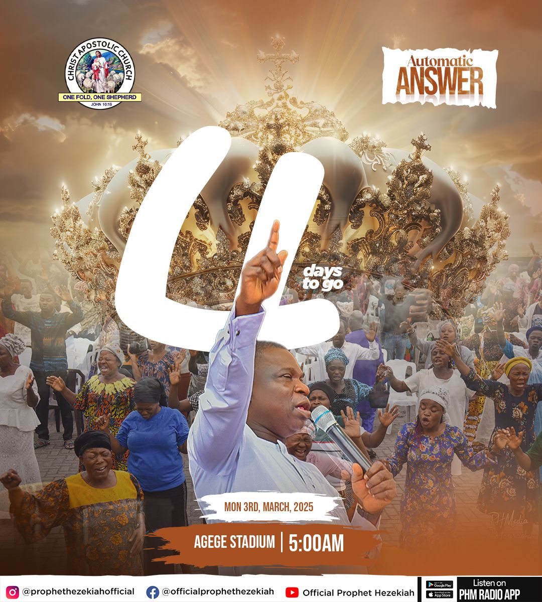 phm_live's tweet image. 🔥 Day 4 – Divine Acceleration!

📍 Agege Stadium, Lagos

📖 Amos 9:13 – “Behold, the days are coming… the plowman shall overtake the reaper.”

⚡ 4 days to go! Your answer will come faster than you expect!

📢 #AutomaticAnswer