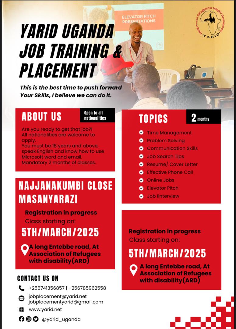 🚀 Exciting Job Training Opportunity!
Are you 18+ and ready to gain job skills? YARID Uganda is offering a Job Training &amp; Placement program! 📚💼

📍 Location: ARD Premises, Najjanankumbi Close, Masanyaraazi
📅 Start Date: 05.03. 2025
⏳ Duration: 2 months