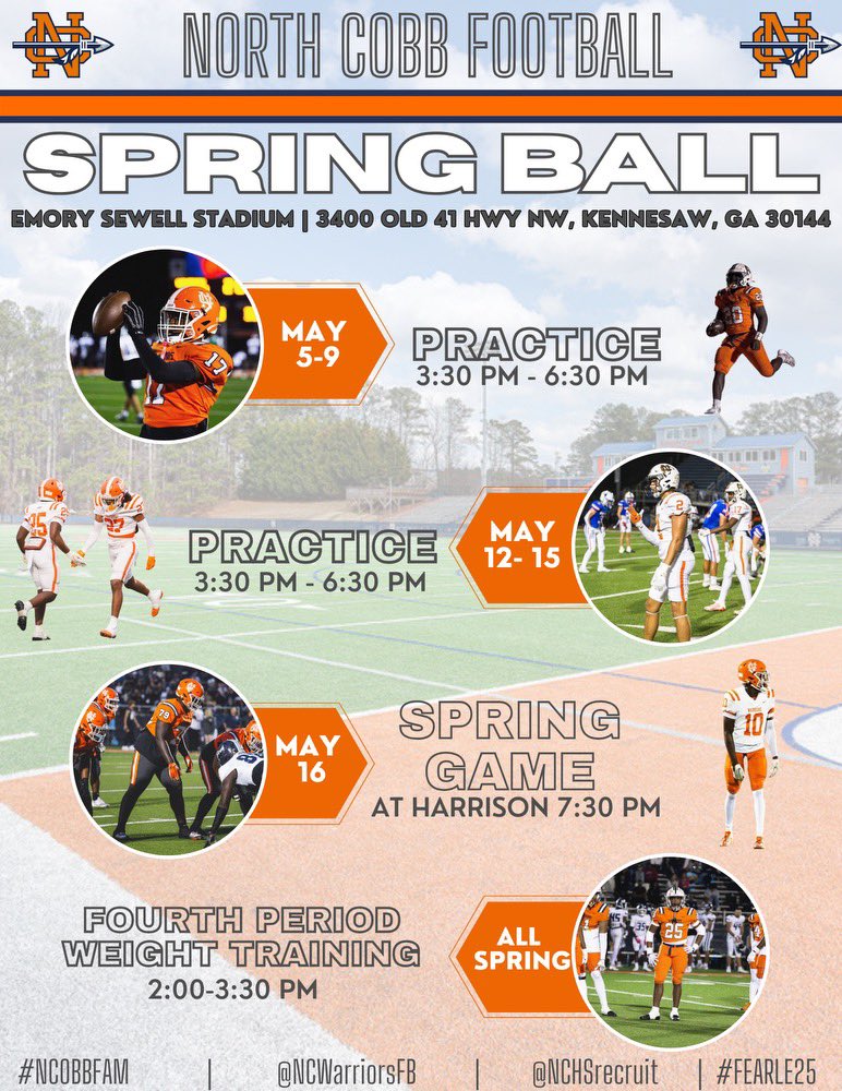 Spring Practice dates:
<a href="/NCWarriorsFB/">North Cobb Warriors Football</a> <a href="/NCHSrecruit/">North Cobb HS Recruiting</a> Come see us!