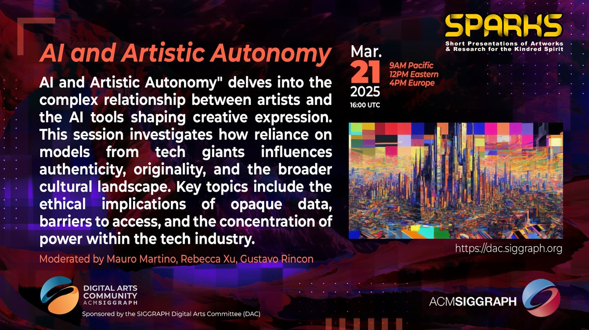 Mauro Martino (@martino_design) on Twitter photo ๐จ Call for Participation - AI and Artistic Autonomy ๐จ
Artists using AI tools often depend on models built by othersโhow does this shape creative freedom?
๐ข Submit your proposal: forms.gle/Bh9jjtYNY3Jis9โฆ
๐
Deadline: Feb 28, 2025
โน๏ธ More info: dac.siggraph.org/sparks/2025-03โฆ
#SIGGRAPH ๐จ Call for Participation - AI and Artistic Autonomy ๐จ
Artists using AI tools often depend on models built by othersโhow does this shape creative freedom?
๐ข Submit your proposal: forms.gle/Bh9jjtYNY3Jis9โฆ
๐
Deadline: Feb 28, 2025
โน๏ธ More info: dac.siggraph.org/sparks/2025-03โฆ
#SIGGRAPH