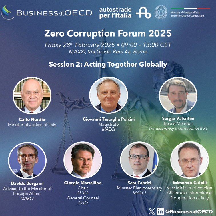 Business at OECD (@businessatoecd) on Twitter photo ⚖️ Tomorrow, we are delighted to hold our Zero Corruption Forum with <a href="/Muovy_ASPI/">Muovy di Autostrade per l’Italia</a> & <a href="/ItalyMFA/">Farnesina 🇮🇹</a>.
For Session 2 on "Acting Together #Globally", we will be joined by <a href="/ItalyMFA_int/">Italy MFA</a>'s <a href="/edmondocirielli/">edmondo cirielli</a>, <a href="/FabriziSem/">Sem Fabrizi</a>, <a href="/BergamiDavide/">Davide Bergami</a>, <a href="/minGiustizia/">Ministero Giustizia</a>'s Carlo Nordio, <a href="/transparency_it/">Transparency International Italia</a>'s Sergio ⚖️ Tomorrow, we are delighted to hold our Zero Corruption Forum with <a href="/Muovy_ASPI/">Muovy di Autostrade per l’Italia</a> & <a href="/ItalyMFA/">Farnesina 🇮🇹</a>.
For Session 2 on "Acting Together #Globally", we will be joined by <a href="/ItalyMFA_int/">Italy MFA</a>'s <a href="/edmondocirielli/">edmondo cirielli</a>, <a href="/FabriziSem/">Sem Fabrizi</a>, <a href="/BergamiDavide/">Davide Bergami</a>, <a href="/minGiustizia/">Ministero Giustizia</a>'s Carlo Nordio, <a href="/transparency_it/">Transparency International Italia</a>'s Sergio