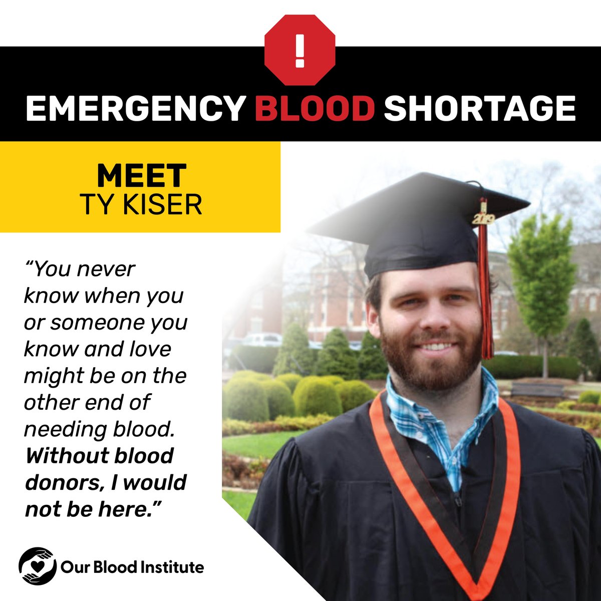 Ty Kiser is alive because of blood donors. Our community is in an emergency blood shortage and patients need donors! You never know if you or someone you know may need blood. What if it's not there? Make your lifesaving appointment today: bit.ly/4by2m2J.