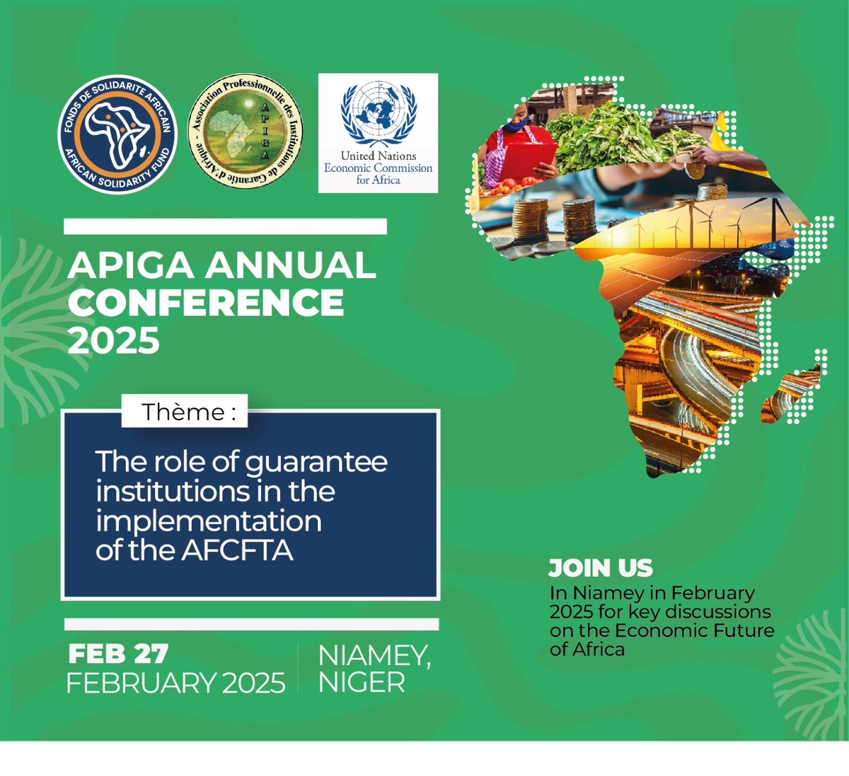 ECA_SROWA's tweet photo. Kicking off today in Niamey, 🇳🇪 The 2025 Annual Conference of #APIGA begins under the theme:
"Role of Guarantee Institutions in the Implementation of the #AfCFTA ".
Organized by @FSA_Niamey , in collaboration with the Government of Niger & @ECA_OFFICIAL , @ECA_SROWA https://t.co/CdwUSaGRKG