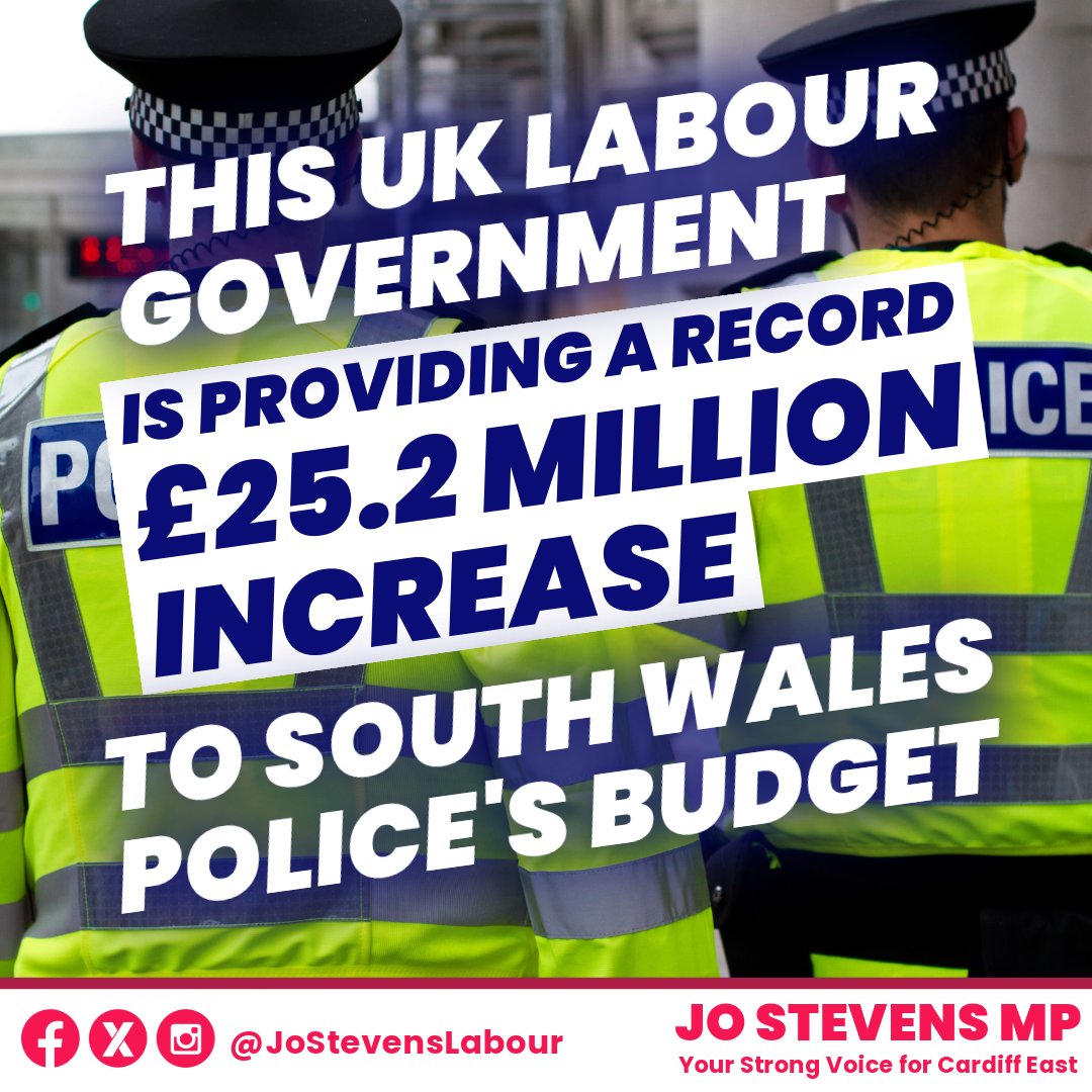 Jo Stevens (@jostevenslabour) on Twitter photo This <a href="/UKLabour/">The Labour Party</a> Government is taking decisive action to rebuild our police services.
A record £25.2 million increase in <a href="/swpolice/">South Wales Police</a>'s budget will provide officers with the resources they need to keep Cardiff East safe.
Read more here👇
jostevens.co.uk/2025/02/27/rec… This <a href="/UKLabour/">The Labour Party</a> Government is taking decisive action to rebuild our police services.
A record £25.2 million increase in <a href="/swpolice/">South Wales Police</a>'s budget will provide officers with the resources they need to keep Cardiff East safe.
Read more here👇
jostevens.co.uk/2025/02/27/rec…