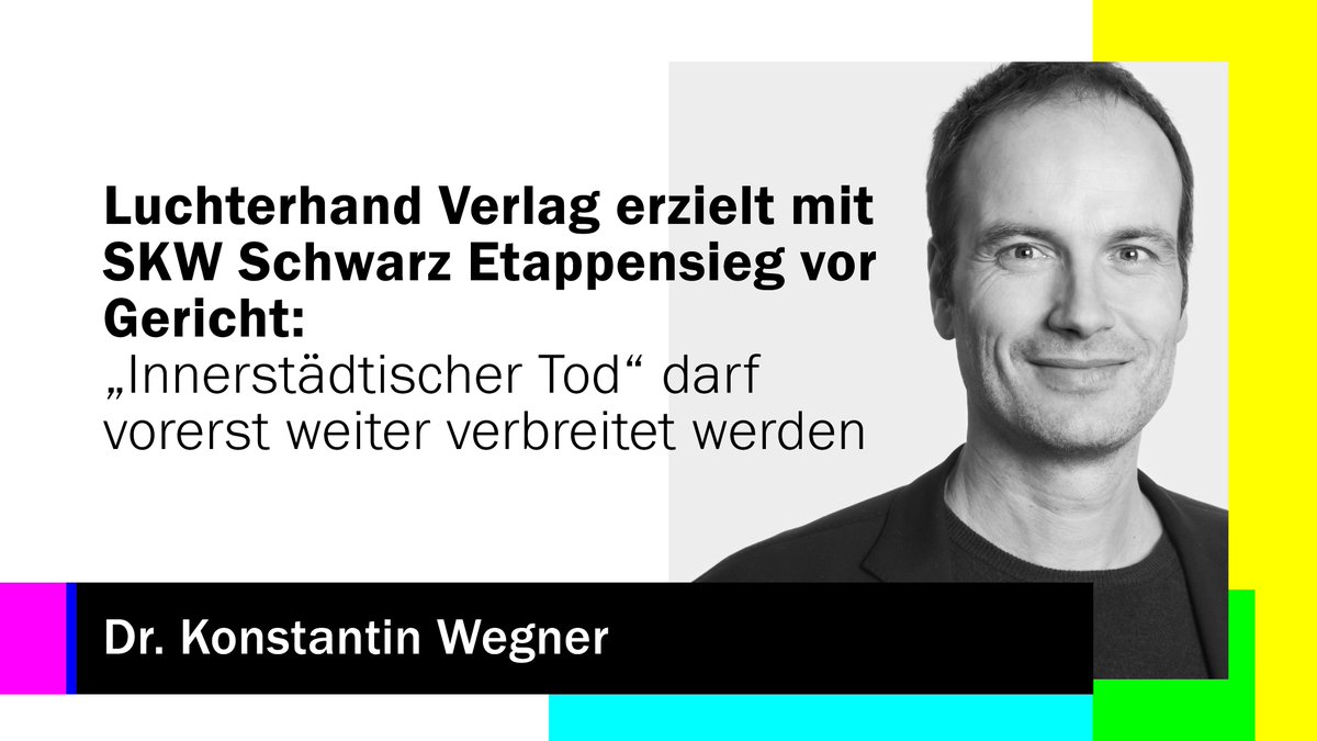 Die Pressekammer des Landgerichts Hamburg hat den Antrag des Berliner Galeristen-Ehepaars König auf Erlass einer einstweiligen Verfügung gegen den Roman „Innerstädtischer Tod“ von Christoph Peters abgelehnt 
🔗skwschwarz.de/news/luchterha…
 #presserecht #presseundverlage #verlagsrecht