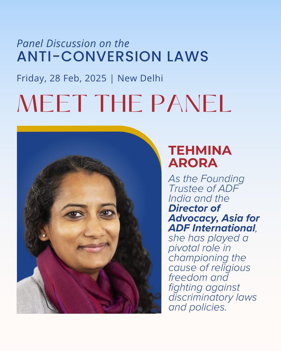 ADF_India's tweet image. Meet the Panelist: We are honored to have @Tehmina_Arora  as one of our panelists for our exclusive discussion on #AntiConversionLaws in India.

📅 28 Feb 2025 | Jawahar Bhawan, New Delhi
⏱️ 5:30 PM onwards
🔗 Seats are limited! Register now: bit.ly/PanelDiscussio… 
#DelhiEvents