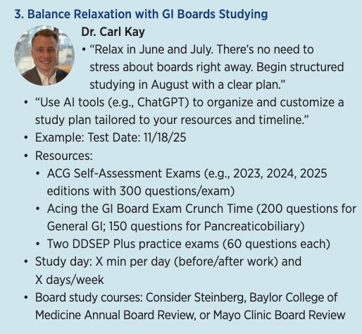 Carl Kay, MD (@carlkaymd) on Twitter photo 🚨Current PGY6 GI fellows 🚨
Want a game plan for <a href="/ABIMcert/">American Board of Internal Medicine (ABIM)</a> GI boards on 11/18/2025?
Here’s my advice
▪️Use AI to make plan
▪️ACG Self-Assessments x3
▪️Acing GI Board Exam series (gen & panc)
▪️2 DDSEP tests
▪️Board study course
Thanks for collating, <a href="/dunleavy_katie/">Katie Dunleavy</a>! 🚨Current PGY6 GI fellows 🚨
Want a game plan for <a href="/ABIMcert/">American Board of Internal Medicine (ABIM)</a> GI boards on 11/18/2025?
Here’s my advice
▪️Use AI to make plan
▪️ACG Self-Assessments x3
▪️Acing GI Board Exam series (gen & panc)
▪️2 DDSEP tests
▪️Board study course
Thanks for collating, <a href="/dunleavy_katie/">Katie Dunleavy</a>!