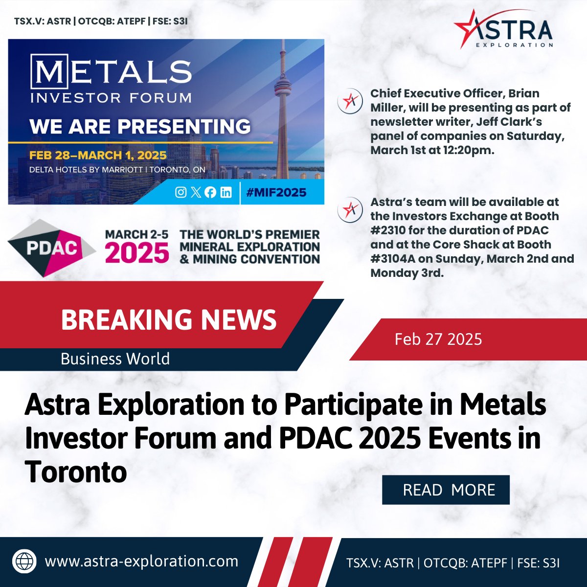 Astra Exploration (@astraexp) on Twitter photo <a href="/AstraExp/">Astra Exploration</a> Inc. (is pleased to announce that it will be exhibiting at two separate events around the PDAC in Toronto.
Metals Investor Forum – Friday, Feb. 28 – Saturday, March 1, 2025, Delta Hotel Toronto.
PDAC 2025 – Sunday, March 2 – Wednesday, March 5, 2025, Metro Toronto <a href="/AstraExp/">Astra Exploration</a> Inc. (is pleased to announce that it will be exhibiting at two separate events around the PDAC in Toronto.
Metals Investor Forum – Friday, Feb. 28 – Saturday, March 1, 2025, Delta Hotel Toronto.
PDAC 2025 – Sunday, March 2 – Wednesday, March 5, 2025, Metro Toronto
