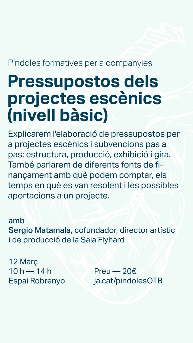 ‼️ Companyies! Aquest 12 de març farem una formació sobre Pressupostos dels projectes escènics (nivell bàsic) amb el director artístic i de producció de la <a href="/SalaFlyhard/">Sala Flyhard</a>, Sergio Matamala.

Durarà 4 hores i té un cost de només 20€.

ℹ️ Inscripcions: onelteatrebatega.cat/ca/pindoles-ot…