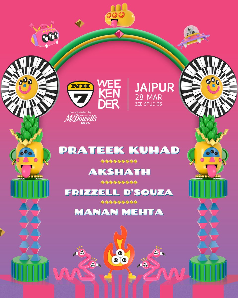 NH7's tweet photo. 3 Cities. 1 Happy Weekend! 🪩

NH7 Weekender is coming to Jaipur, Noida &amp; Indore this March! 🔥

Sing with Prateek Kuhad in Jaipur, witness legends Euphoria &amp; Usha Uthup in Indore, and vibe to Seedhe Maut and Chaar Diwaari in Noida &amp; more- it's going to be an evening to remember! https://t.co/A5oSYufgIA