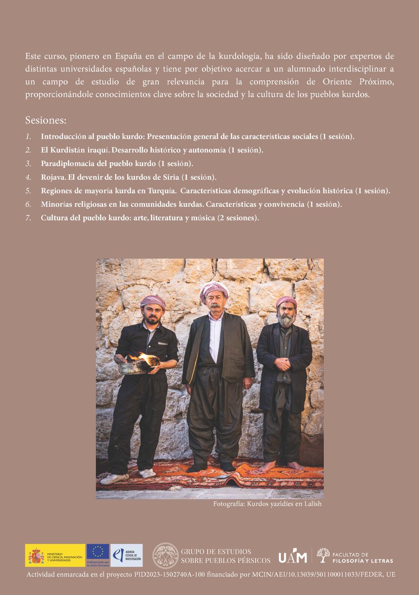 «Cultura y sociedad de los pueblos kurdos». Curso de corta duración en <a href="/fuam_uam/">FundaciónUAM</a>
Dirigido por Fernando Camacho <a href="/Contemporan_UAM/">Historia Contemporánea | UAM</a> y  Sara Islán profesora de nuestro departamento. Inscripciones hasta el 25 de marzo en  fuam.es/curso-corto/cu…