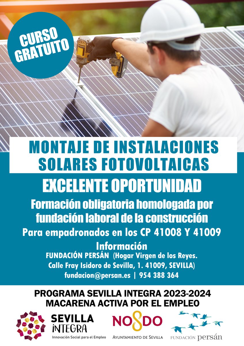 Mejora tu #CV y accede a más oportunidades laborales con la #formación que impartimos de Montaje de instalaciones solares fotovoltaicas.  

El #curso se desarrollará entre el 17 de marzo y el 8 de abril en horario de mañana. Para empadronados en los CP 41008 y 41009 de #Sevilla.