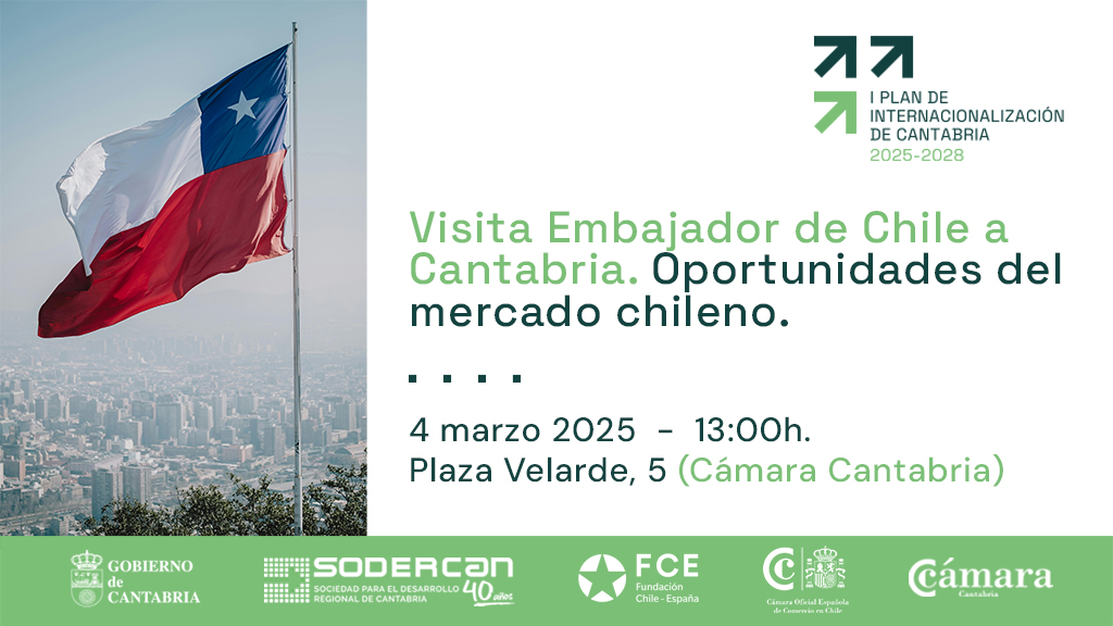 SODERCAN (@sodercan) on Twitter photo 🇨🇱 Ven a la jornada 'Oportunidades del mercado chileno' organizada por <a href="/Sodercan/">SODERCAN</a> y <a href="/CamaraCantabria/">Cámara de Comercio de Cantabria</a> junto con <a href="/FundChileEspana/">FundaciónChileEspaña</a>, Cámara Española de Comercio en Chile y <a href="/EmbEspanaChile/">Embajada de España en Chile</a>
🗓️4 marzo
⏰13h
📍Cámara: Pl. Velarde 5, #Santander
📲Reserva tu plaza bit.ly/3Qz2a9I 🇨🇱 Ven a la jornada 'Oportunidades del mercado chileno' organizada por <a href="/Sodercan/">SODERCAN</a> y <a href="/CamaraCantabria/">Cámara de Comercio de Cantabria</a> junto con <a href="/FundChileEspana/">FundaciónChileEspaña</a>, Cámara Española de Comercio en Chile y <a href="/EmbEspanaChile/">Embajada de España en Chile</a>
🗓️4 marzo
⏰13h
📍Cámara: Pl. Velarde 5, #Santander
📲Reserva tu plaza bit.ly/3Qz2a9I