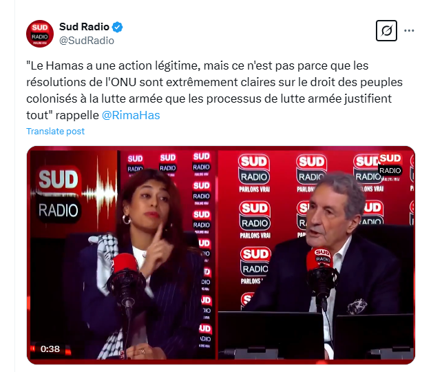 julienbahloul's tweet photo. EN PRISON.

La place de Rima Hassan est en prison.

Elle juge légitime l'action du Hamas, au moment où nous venons d'enterrer les bébés Bibas et le jour où nous apprenons la mort du Français Ohad Yahalomi.

Elle soutient les assasins de Français.

Les ennemis de la France. https://t.co/mjq8fTpyiL